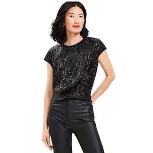 NWT LOFT black sequin knot front cropped cap sleeve size medium